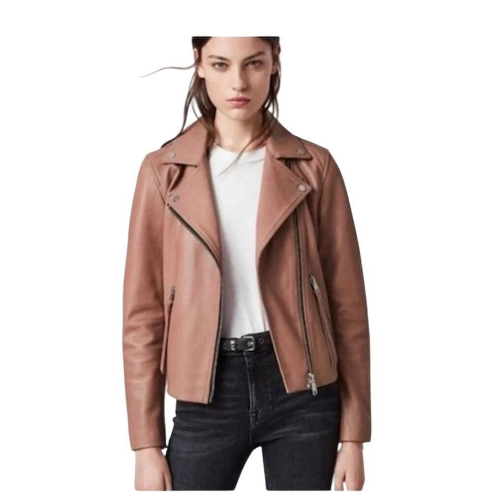 AllSaints Women's Pink Dalby Leather Biker Jacket Size 6